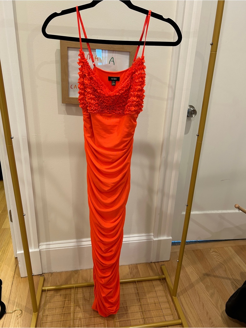 AFRM Orange Ruffle-Trim Ruched Slip Dress